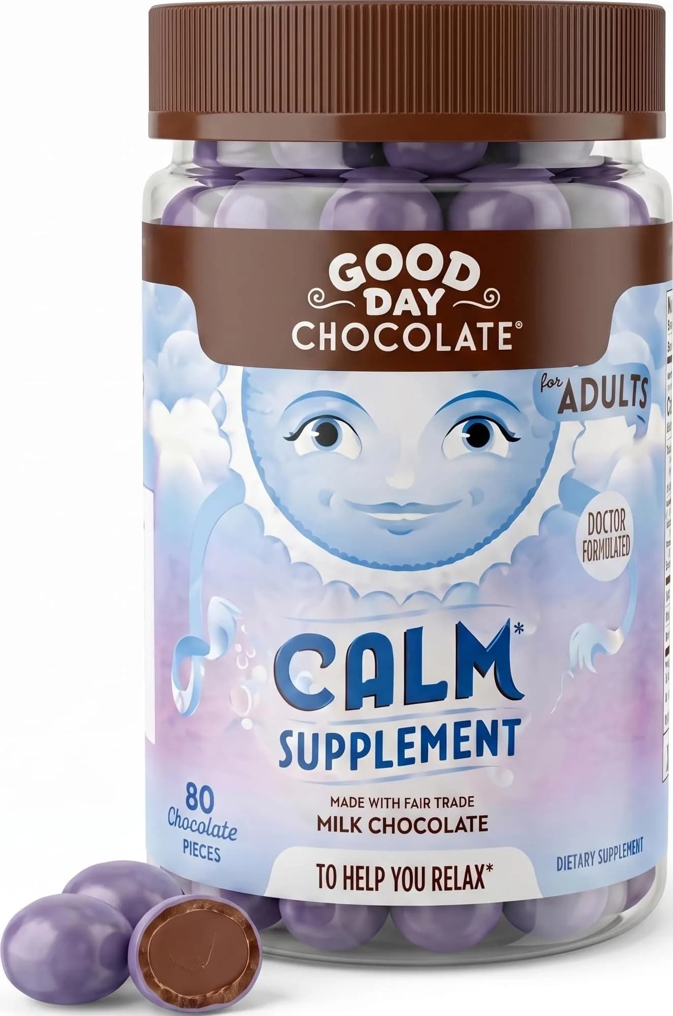 Good Day Chocolate Natural Calming Supplement for Adults | 80 Chewable Milk Chocolates with Camomile & Magnesium