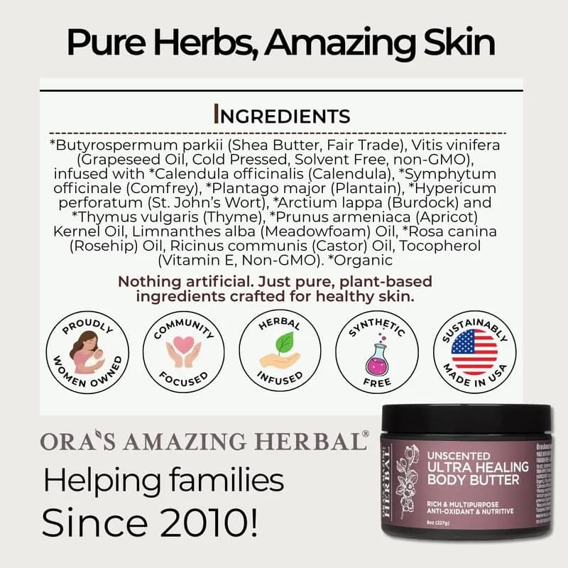 Ora's Herbal Unscented Ultra Healing Body Butter for Dry Skin, Shea, 8oz | Deep Moisturizer with Botanical Oils thumbnail 7