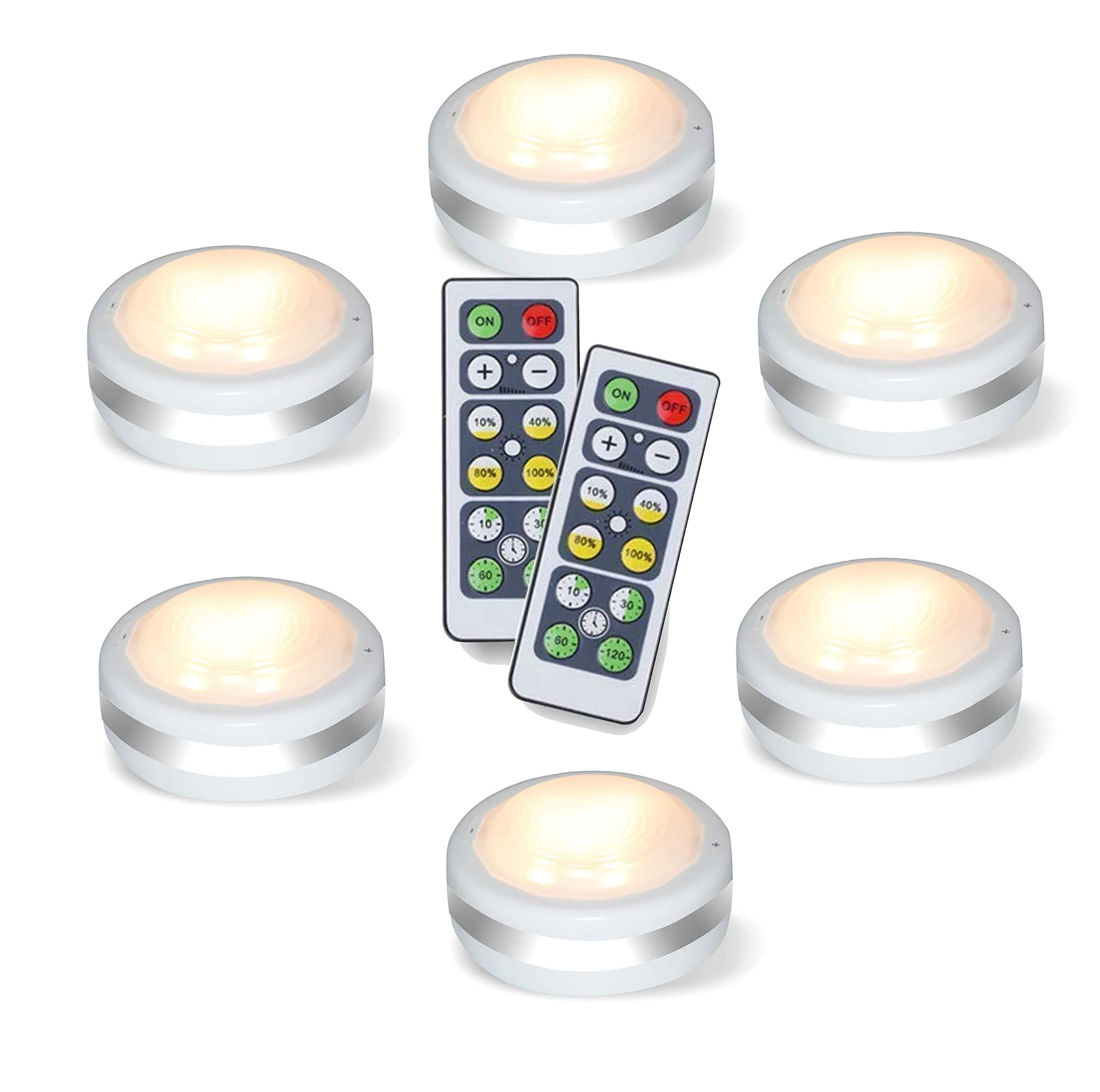 Starxing LED Puck Lights with Remote Control, Stick On Under Cabinet Lights 6-Pack | 4000K Natural White, Battery Powered — Natural White/ White