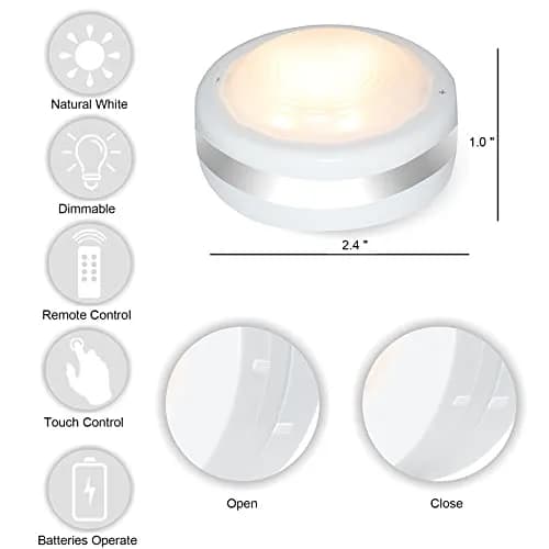 Starxing LED Puck Lights with Remote Control, Stick On Under Cabinet Lights 6-Pack | 4000K Natural White, Battery Powered thumbnail 2