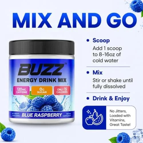 Morning Buzz Sugar Free Energy Drink Powder 30 Servings | Raspberry Flavor, Vegan, Gluten-Free thumbnail 6