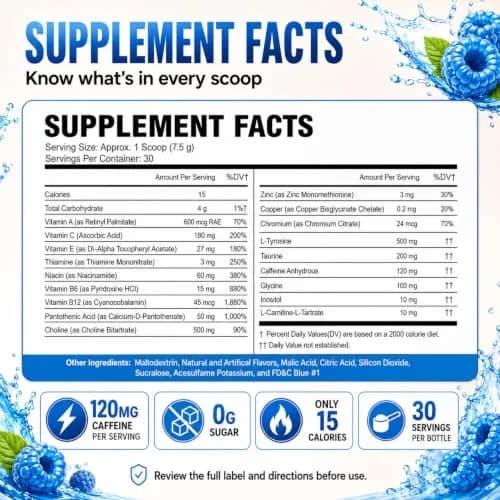 Morning Buzz Sugar Free Energy Drink Powder 30 Servings | Raspberry Flavor, Vegan, Gluten-Free thumbnail 2