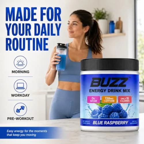 Morning Buzz Sugar Free Energy Drink Powder 30 Servings | Raspberry Flavor, Vegan, Gluten-Free thumbnail 3