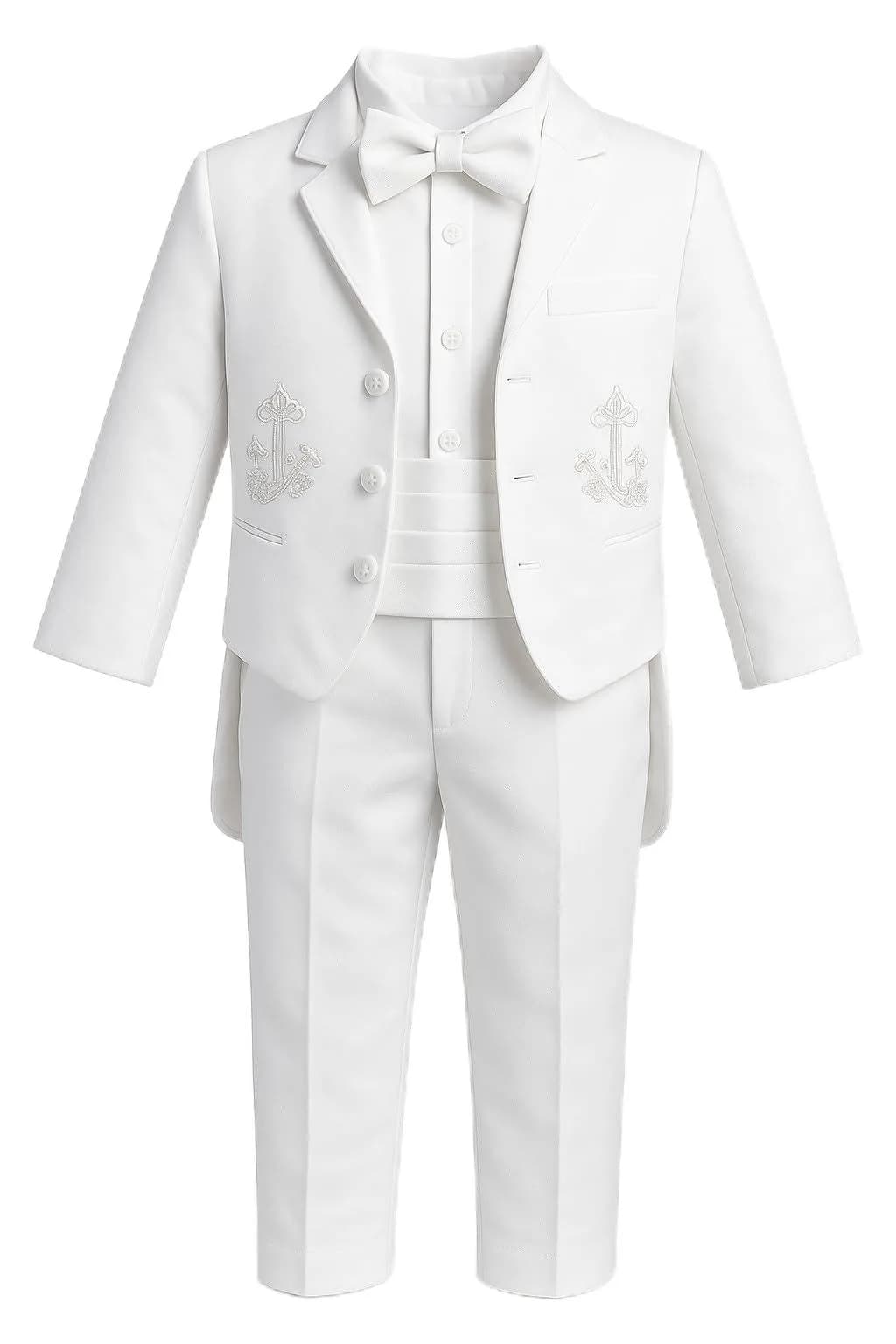 iGirlDress Baby Boys White Baptism Christening Mandarin Collar Tail 5 pcs Set | Embroidered Cross & Gold Details (3-6M)