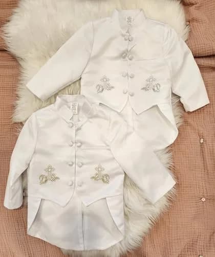 iGirlDress Baby Boys White Baptism Christening Mandarin Collar Tail 5 pcs Set | Embroidered Cross & Gold Details (3-6M) thumbnail 4