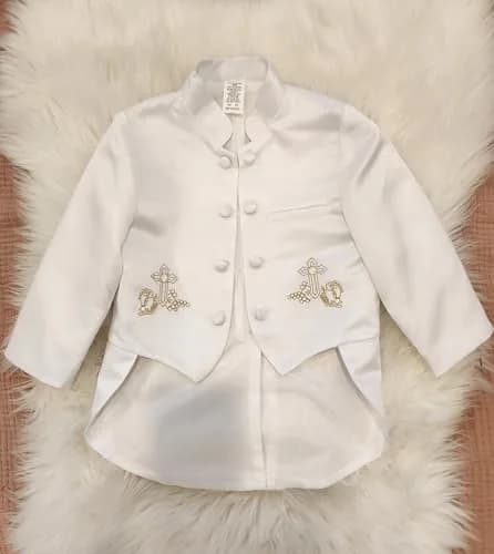 iGirlDress Baby Boys White Baptism Christening Mandarin Collar Tail 5 pcs Set | Embroidered Cross & Gold Details (3-6M) thumbnail 6