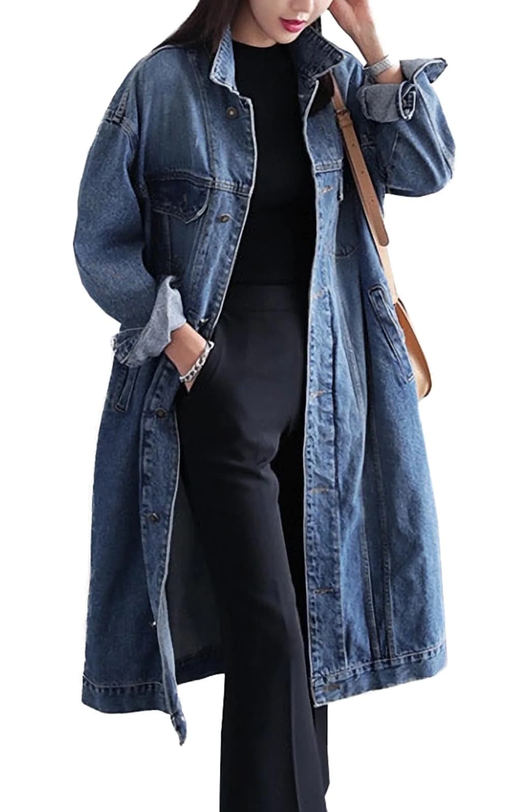 Jofemuho Womens Classic Jean Jacket Denim Trench Coat Blue XL | Casual, Overknee, Heavyweight Denim