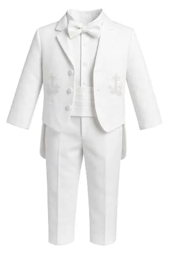 iGirlDress Baby Boys White Baptism Christening Mandarin Collar Tail 5 pcs Tuxedo with Silver Cross Embroidery (6-12 M) | Elegant Christening Outfit thumbnail 1