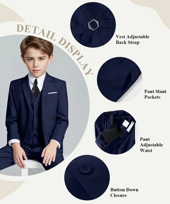 Visaccy Boys Suit Formal Ring Bearer Outfit for Boy Kids Navy Blue Suits Size 14 | Classic 5-Piece Suit with Slim Fit & Adjustable Waist thumbnail 2