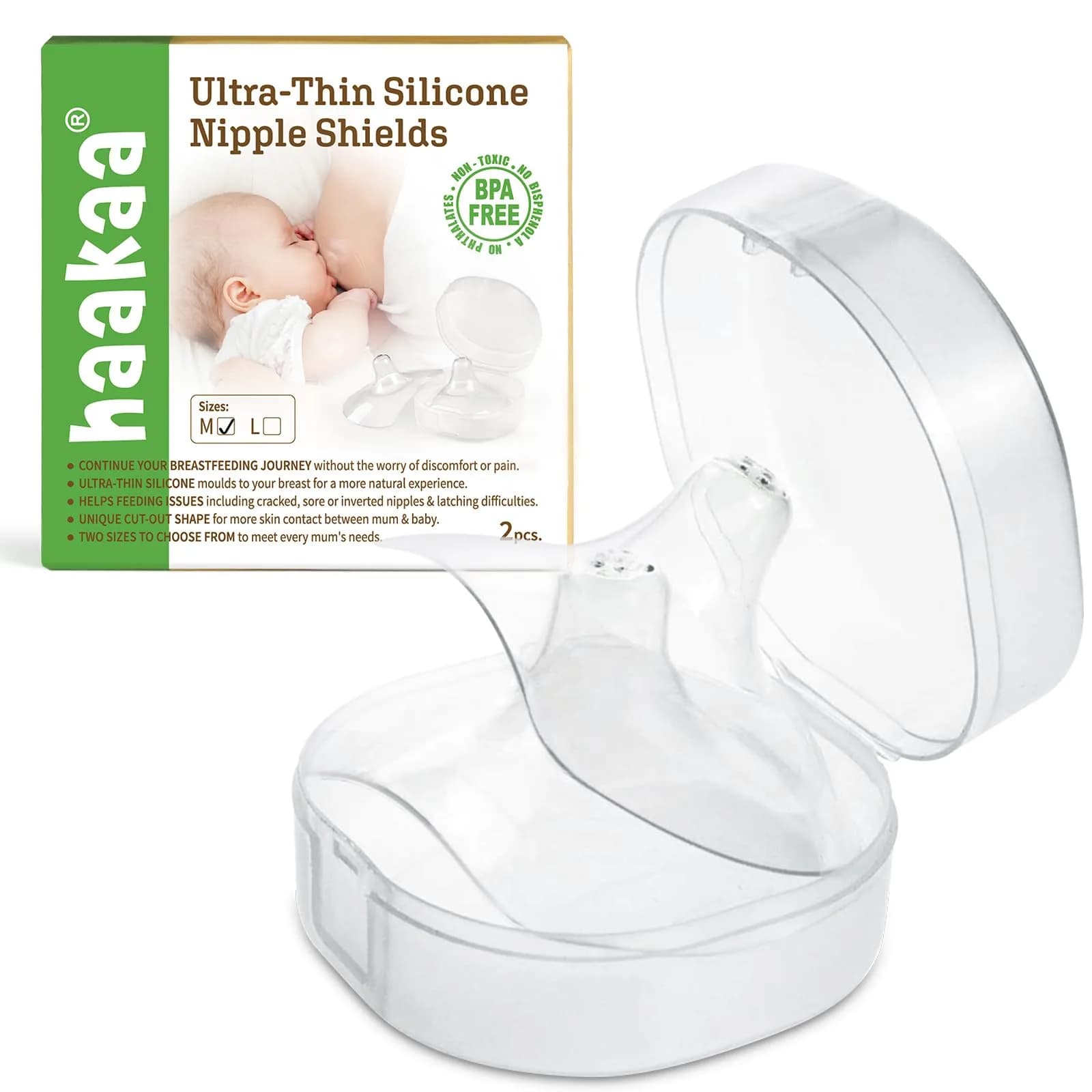 haakaa Silicone Nipple Shields for Breastfeeding with Carry Case, 18mm (2-Pack) | Patented Cut-Out Shape for Latch Support - main product image