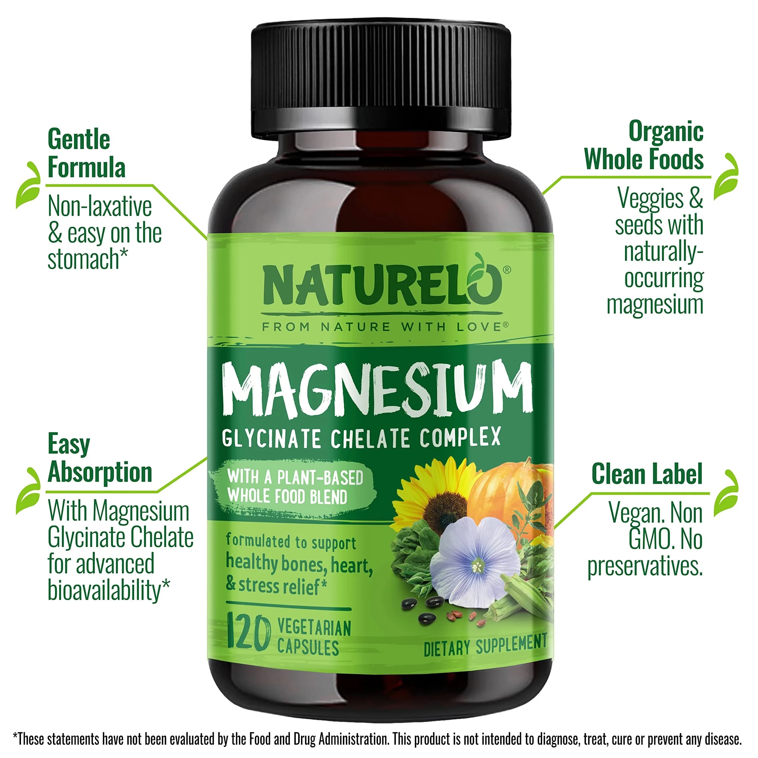 NATURELO Magnesium Glycinate Chelate Complex 200 mg 120 Count | Supports Calm, Sleep & Muscle Relief - view 2