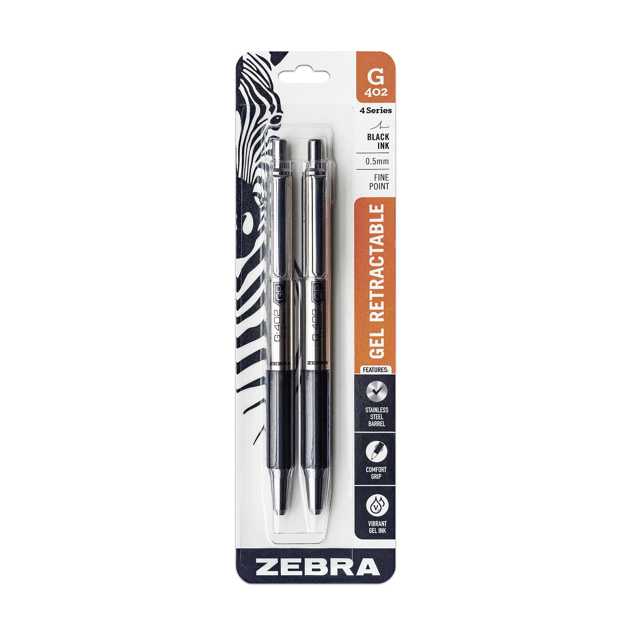 Zebra Pen STEEL G-402 Retractable Gel Pen 0.5mm Fine Point 2-Pack | Smooth Ink Flow for Office and Students — Black B