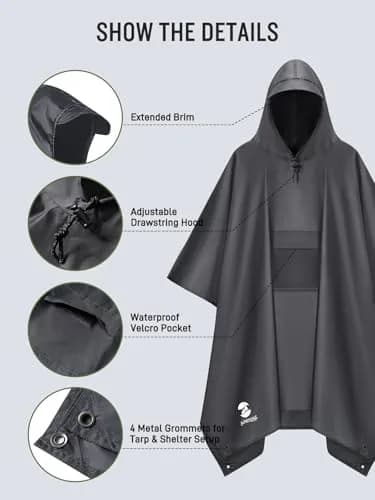 SaphiRose Double Layer Rain Poncho, Waterproof Thick Hooded Raincoat 3-in-1 | Packable Outdoor Gear thumbnail 4