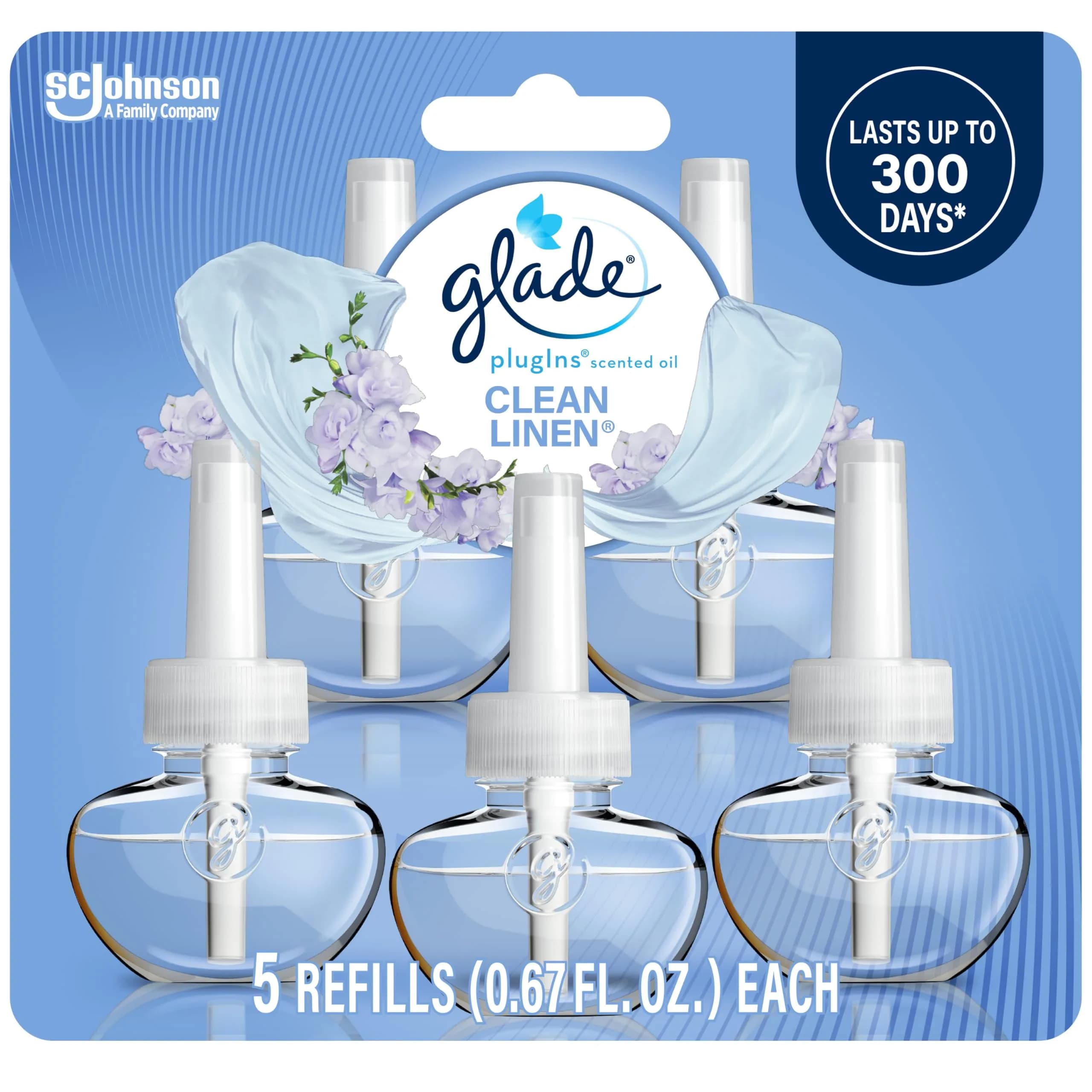 Glade PlugIns Refills Clean Linen Scented Essential Oils for Home & Bathroom, 100ml (3.35 Fl Oz) (5 Count) - main product image