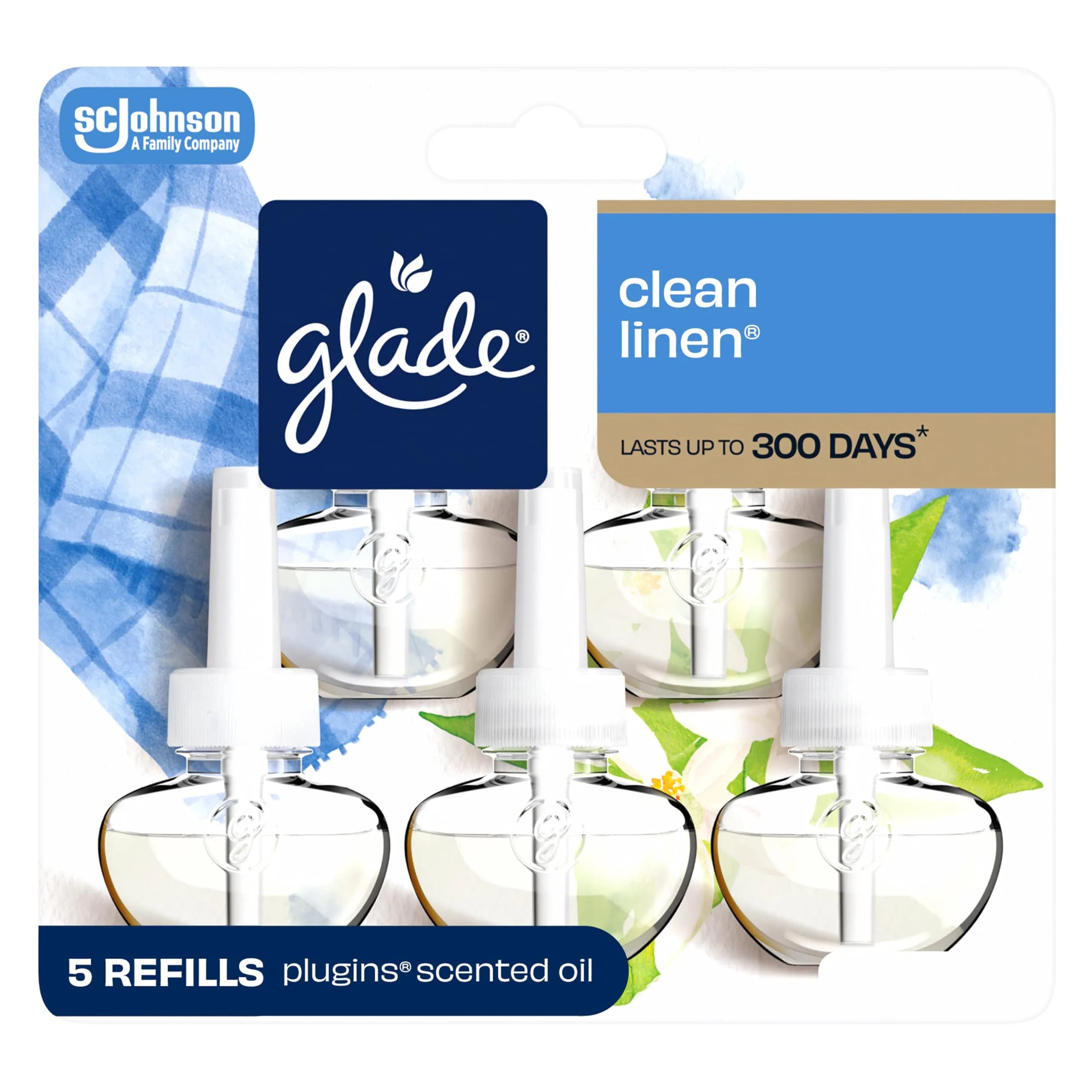 Glade PlugIns Refills Air Freshener Clean Linen Scent 5 x 3.35 Fl Oz (167.5 Fl Oz Total) | Essential Oils for Home & Bathroom - main product image