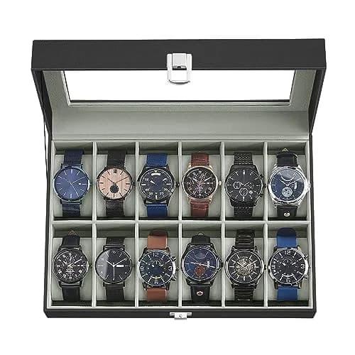 SONGMICS 12-Slot Watch Box Organizer with Glass Lid & Removable Pillows, Black Synthetic Leather, 32cm (12.6in) x 22.8cm (9in) x 12.4cm (4.9in) thumbnail 1