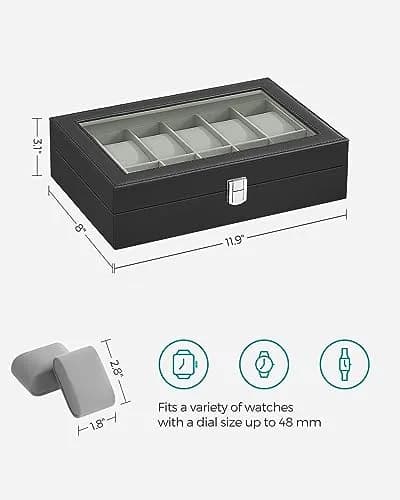 SONGMICS 12-Slot Watch Box Organizer with Glass Lid & Removable Pillows, Black Synthetic Leather, 32cm (12.6in) x 22.8cm (9in) x 12.4cm (4.9in) thumbnail 6