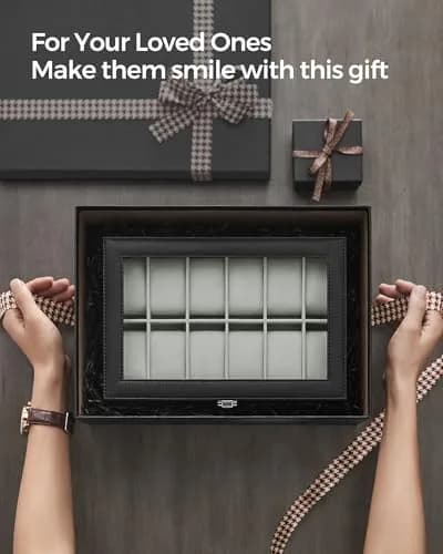SONGMICS 12-Slot Watch Box Organizer with Glass Lid & Removable Pillows, Black Synthetic Leather, 32cm (12.6in) x 22.8cm (9in) x 12.4cm (4.9in) thumbnail 7