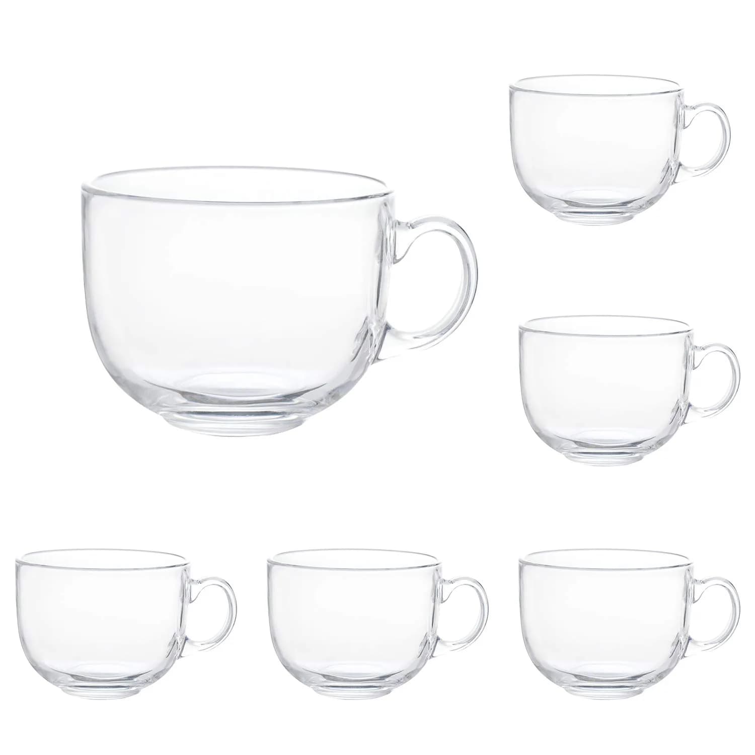 Maredash 16oz Glass Jumbo Mug Set (6 Pack) | Large Handle, Clear Glass, Versatile Use — Clear