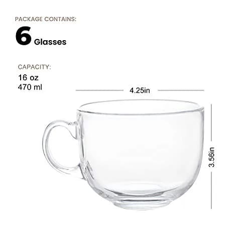 Maredash 16oz Glass Jumbo Mug Set (6 Pack) | Large Handle, Clear Glass, Versatile Use thumbnail 3