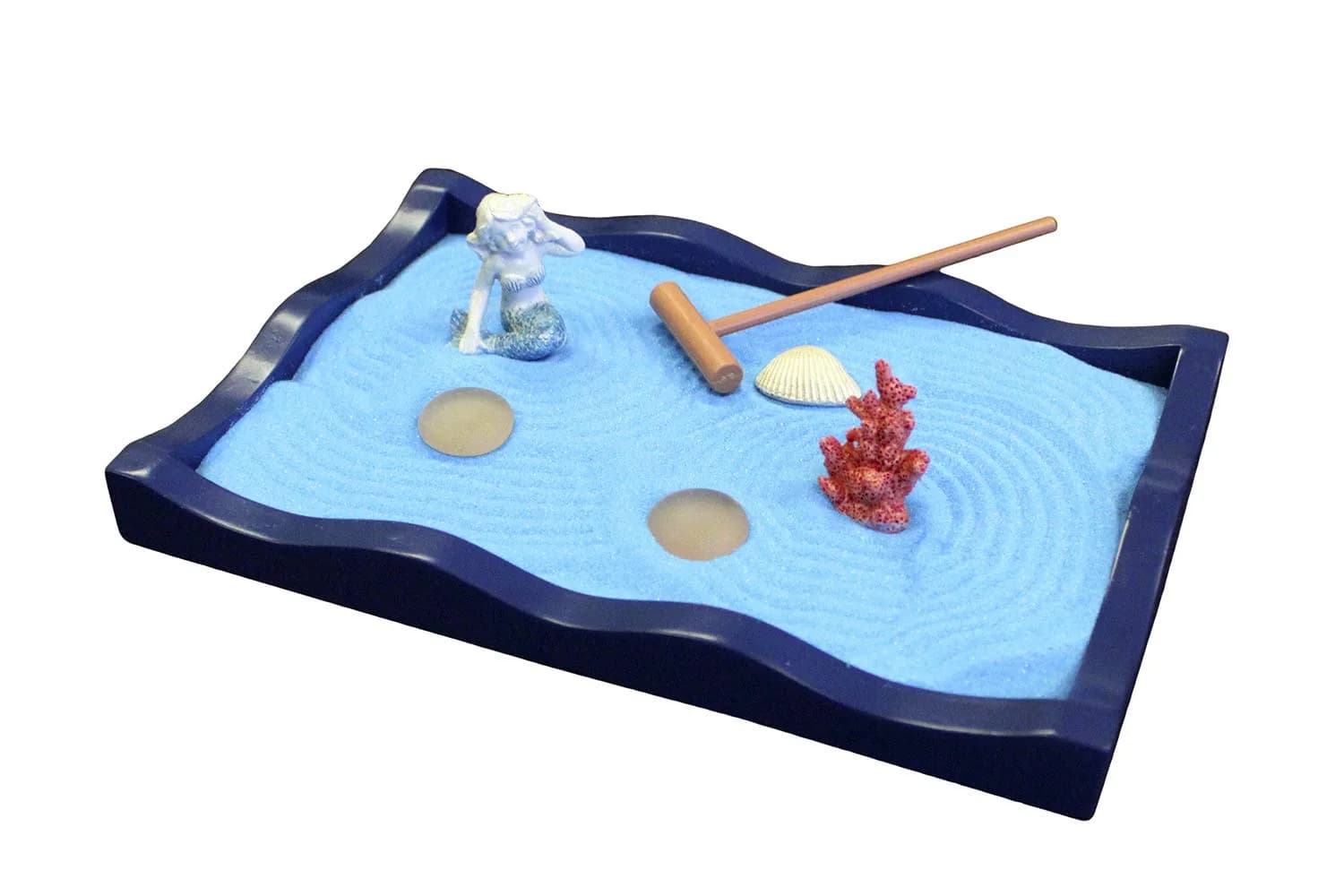 Nature's Mark Mini Zen Garden Kit for Desk with Rake, Blue Sand, Mermaid & Clam Figures, Wavy Base, Glass Rocks | Stress Relief & Focus — Mini