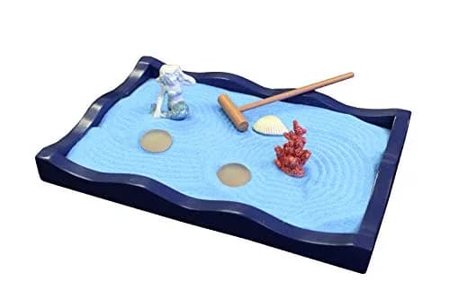 Nature's Mark Mini Zen Garden Kit for Desk with Rake, Blue Sand, Mermaid & Clam Figures, Wavy Base, Glass Rocks | Stress Relief & Focus thumbnail 1
