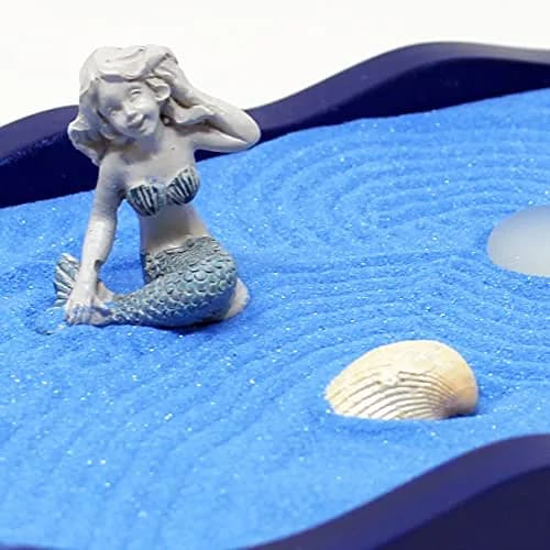 Nature's Mark Mini Zen Garden Kit for Desk with Rake, Blue Sand, Mermaid & Clam Figures, Wavy Base, Glass Rocks | Stress Relief & Focus thumbnail 2