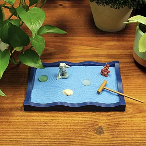 Nature's Mark Mini Zen Garden Kit for Desk with Rake, Blue Sand, Mermaid & Clam Figures, Wavy Base, Glass Rocks | Stress Relief & Focus thumbnail 3