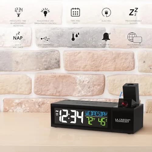 La Crosse Technology Projection Alarm Clock with USB Charging Port 16.5 cm (6.51"L x 2.56"W x 1.81"H) | Projects Time on Wall or Ceiling thumbnail 5