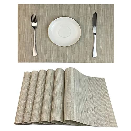 WAZAIGUR Placemats Set of 6 for Dining Table | Heat-Resistant, Easy to Clean, Woven Vinyl, Cream thumbnail 1