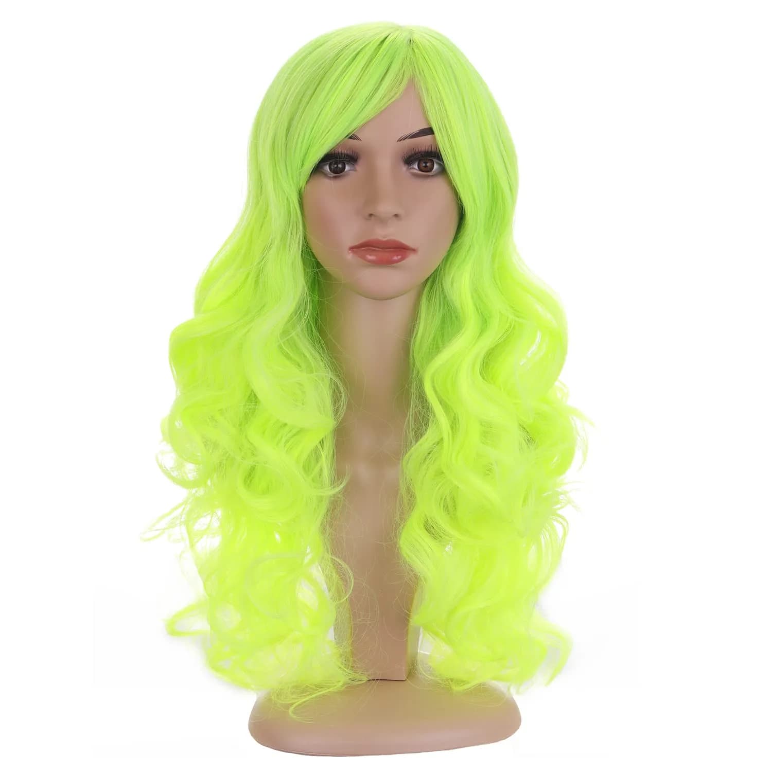 BERON Neon Green Wavy Wig with Bangs | Long Curly Synthetic Wig with Cap, 24 inches