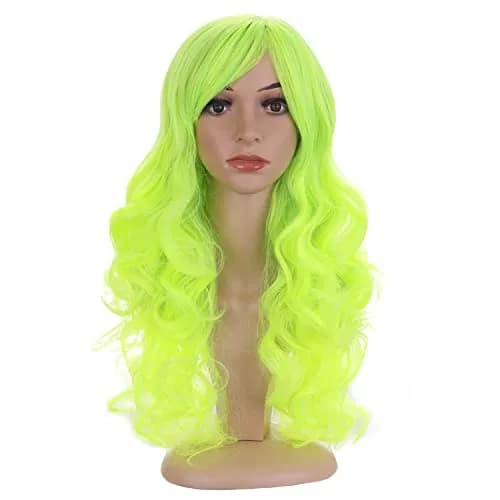 BERON Neon Green Wavy Wig with Bangs | Long Curly Synthetic Wig with Cap, 24 inches thumbnail 1