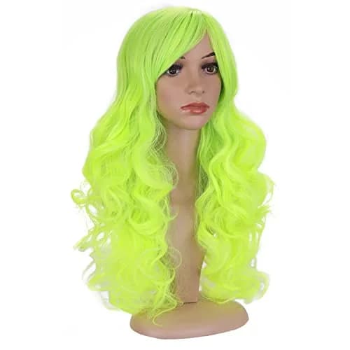 BERON Neon Green Wavy Wig with Bangs | Long Curly Synthetic Wig with Cap, 24 inches thumbnail 2