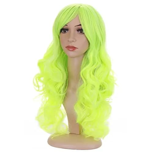 BERON Neon Green Wavy Wig with Bangs | Long Curly Synthetic Wig with Cap, 24 inches thumbnail 3
