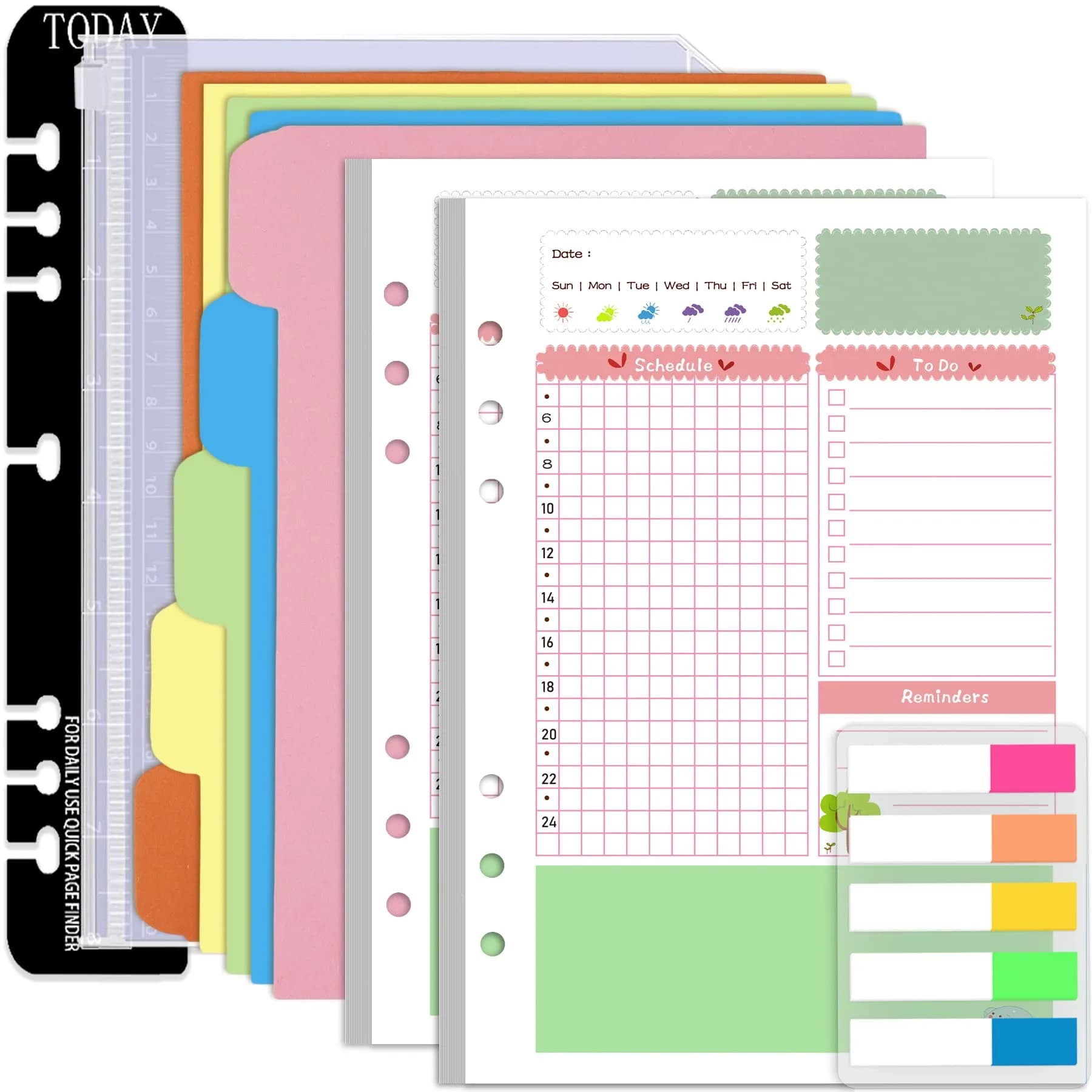 Rancco A5 Planner Inserts Daily Refills 90 Pages Colorful 6-Ring Loose-leaf Binder | Undated, PVC Pouch, Divider, Ruler — Daily Planner Refills