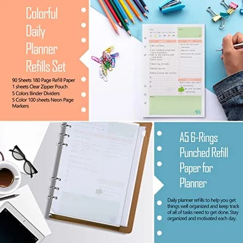 Rancco A5 Planner Inserts Daily Refills 90 Pages Colorful 6-Ring Loose-leaf Binder | Undated, PVC Pouch, Divider, Ruler thumbnail 3