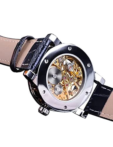 FORSINING Retro Mechanical Skeleton Watch with Roman Numerals & Diamond Accents | 40mm Case, Black/Gold Dial, PU Leather Strap thumbnail 5