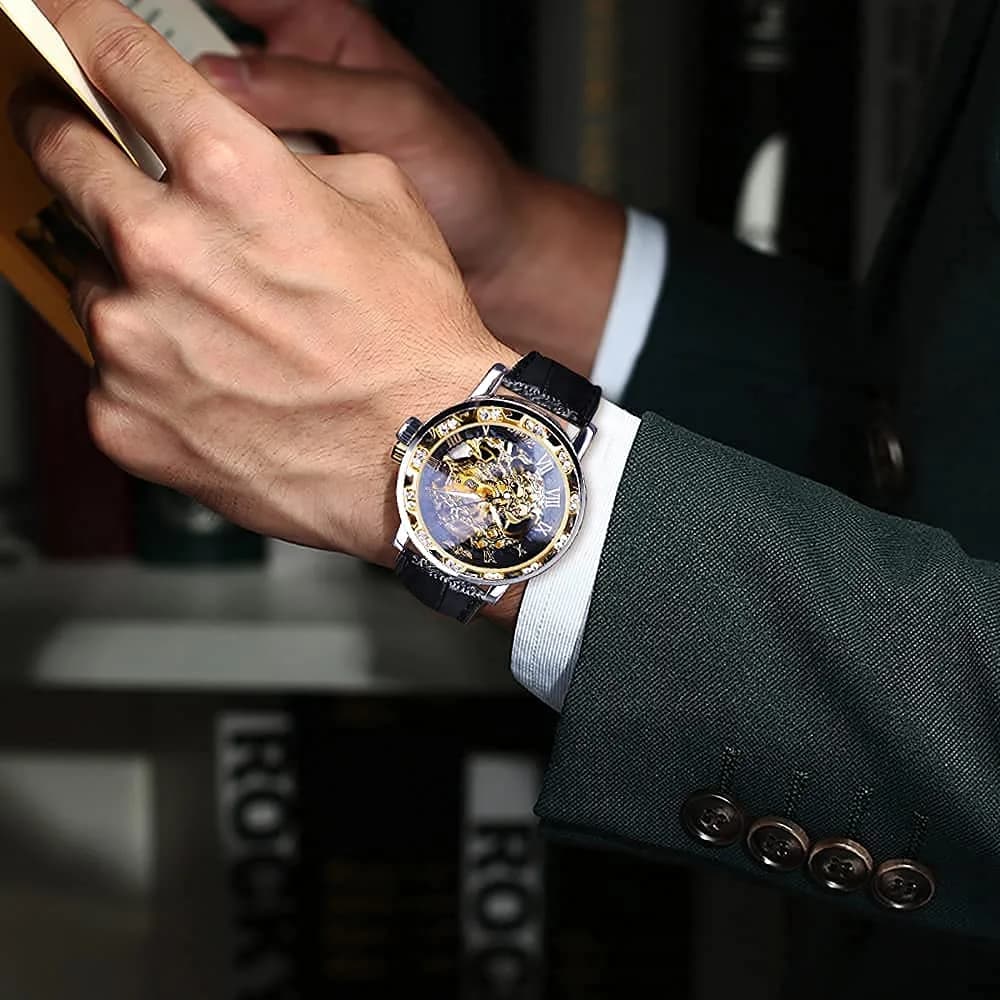 FORSINING Retro Mechanical Skeleton Watch with Roman Numerals & Diamond Accents | 40mm Case, Black/Gold Dial, PU Leather Strap - view 6