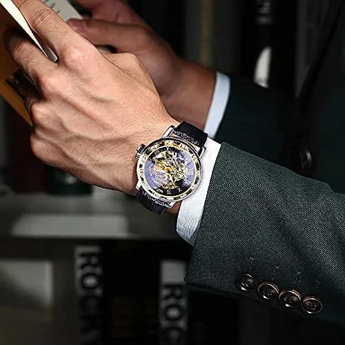 FORSINING Retro Mechanical Skeleton Watch with Roman Numerals & Diamond Accents | 40mm Case, Black/Gold Dial, PU Leather Strap thumbnail 6