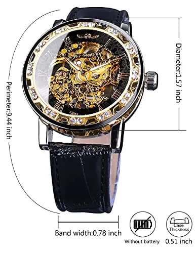 FORSINING Retro Mechanical Skeleton Watch with Roman Numerals & Diamond Accents | 40mm Case, Black/Gold Dial, PU Leather Strap thumbnail 7