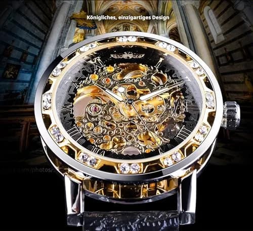 FORSINING Retro Mechanical Skeleton Watch with Roman Numerals & Diamond Accents | 40mm Case, Black/Gold Dial, PU Leather Strap thumbnail 2