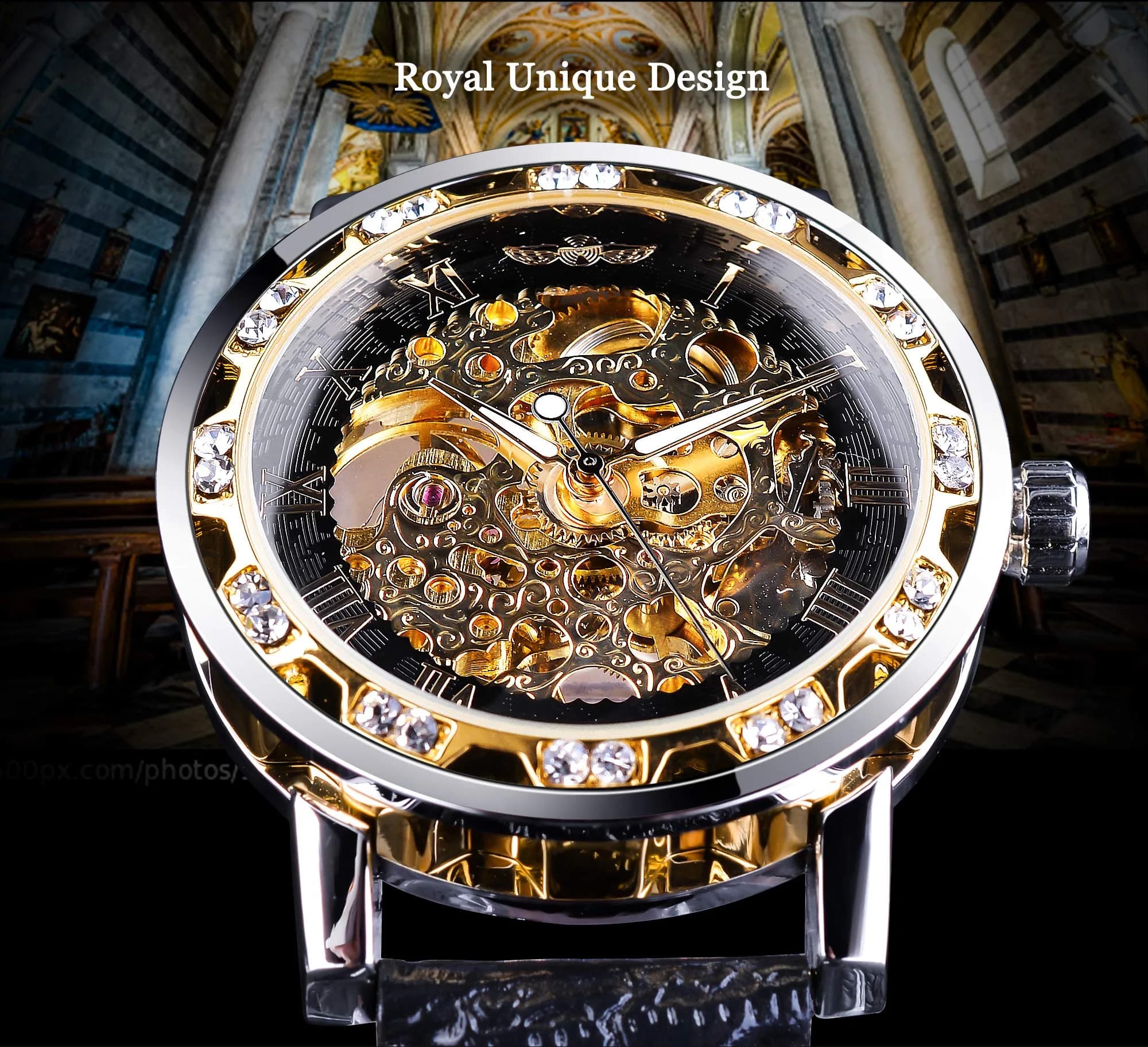 FORSINING Black Golden Steampunk Skeleton Automatic Diamond Men's Watch 45mm - view 3