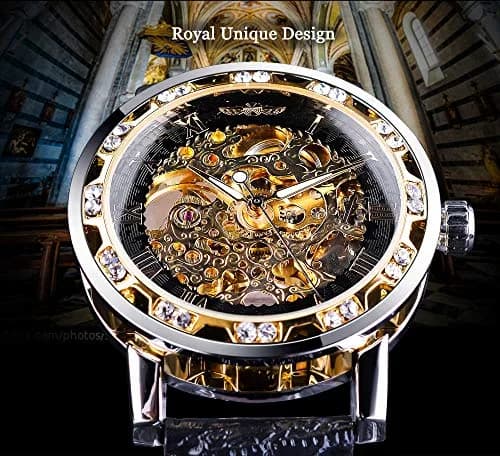 FORSINING Retro Mechanical Skeleton Watch with Roman Numerals & Diamond Accents | 40mm Case, Black/Gold Dial, PU Leather Strap thumbnail 3