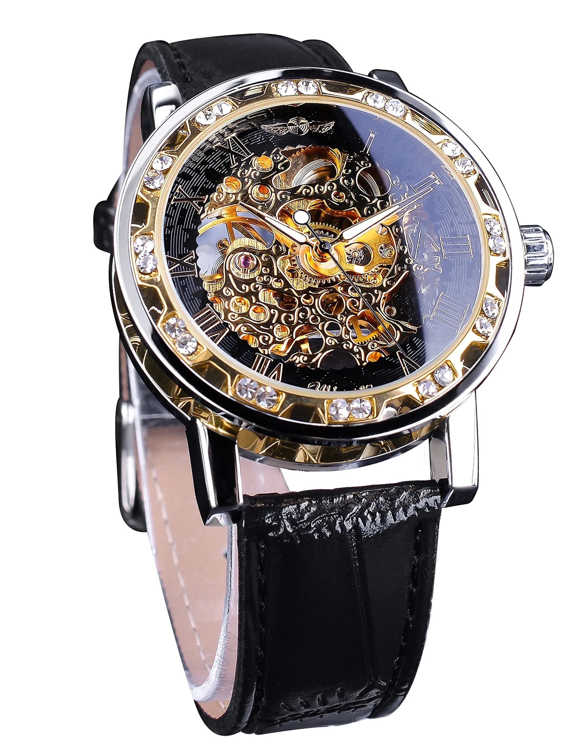 FORSINING Retro Steampunk Skeleton Automatic Diamond Men's Watch 45mm (1.77in) | Luxury Mechanical Wrist Watch — Black Golden