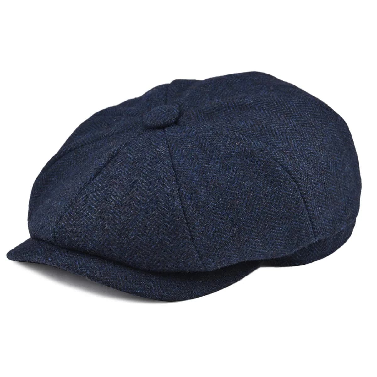 BOTVELA Men's 8 Panel Wool Blend Newsboy Flat Cap Navy 7 3/8 (190g / 0.42lb) | Herringbone Tweed Style for Classic Wear — Navy