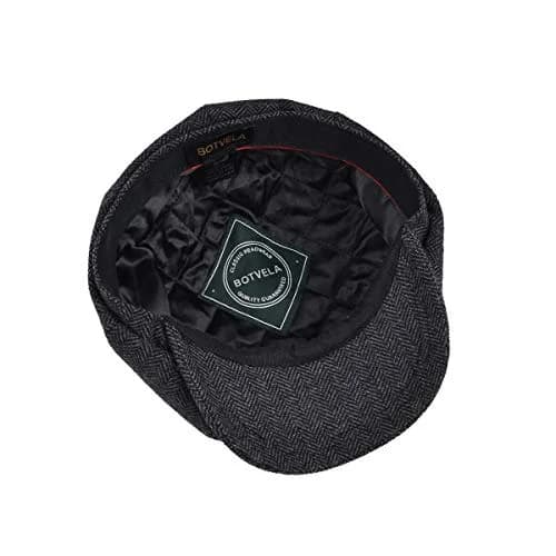 BOTVELA Men's 8 Panel Wool Blend Newsboy Flat Cap Black 59cm (7 3/8) | Classic Herringbone Tweed Style thumbnail 6