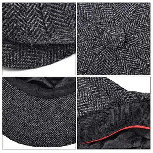 BOTVELA Men's 8 Panel Wool Blend Newsboy Flat Cap Black 59cm (7 3/8) | Classic Herringbone Tweed Style thumbnail 7