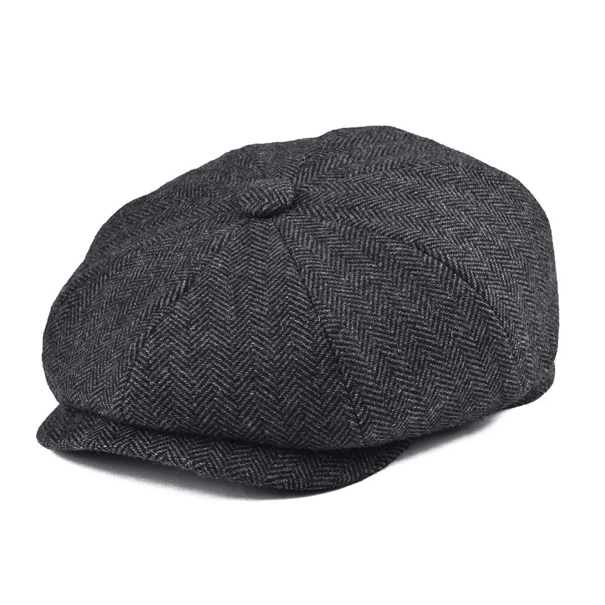 BOTVELA Men's 8 Panel Wool Blend Newsboy Flat Cap Black 59cm (7 3/8) | Classic Herringbone Tweed Style - main product image