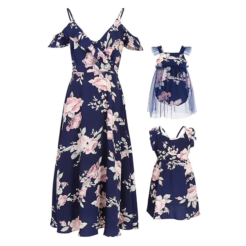PopReal Mommy and Me Dresses Floral Printed Sleeveless Infant Baby Girl Tulle Dress Dark Blue | Family Matching Special Occasion Dress — Dark Blue / 12-18 Months