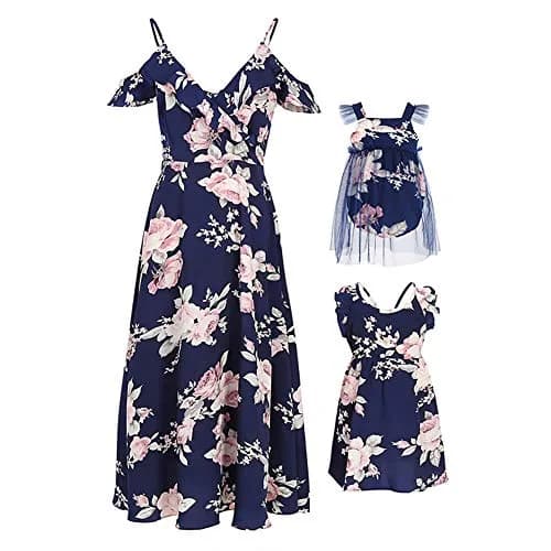 PopReal Mommy and Me Dresses Floral Printed Sleeveless Infant Baby Girl Tulle Dress Dark Blue | Family Matching Special Occasion Dress thumbnail 1